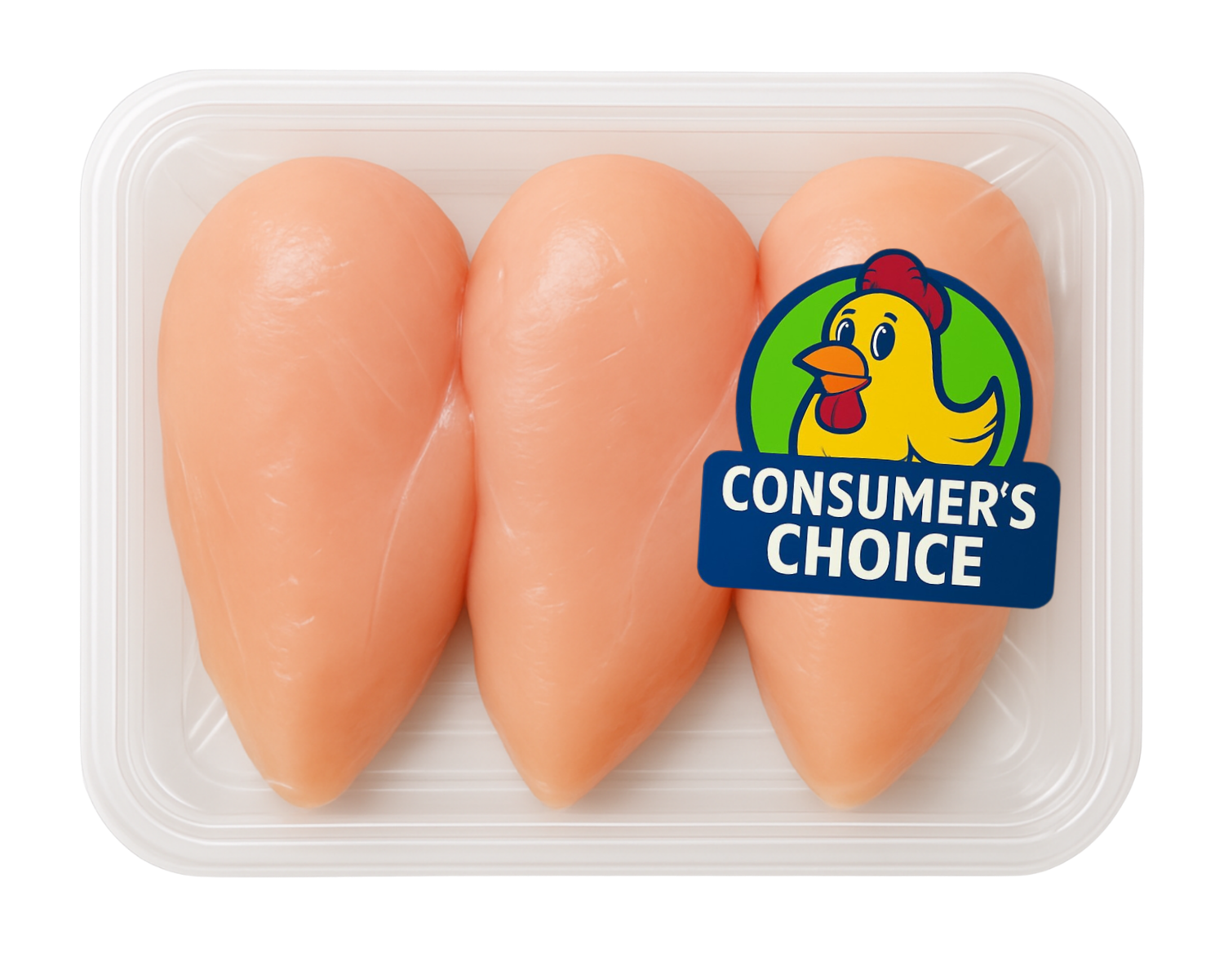 Tray with three raw chicken breasts and a 'Consumer's Choice' sticker featuring a cartoon chicken on packaging.